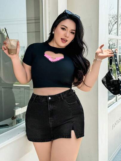 SHEIN ICON 大码女式侧开口袋休闲牛仔裙