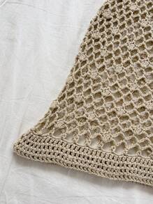 Soleia 全新设计沙滩装贝壳吊带镂空迷你针织连衣裙 - 卡其色 - 查看 4