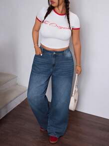 SHEIN EZwear Jeans de verano de mujer de talla grande con bolsillos traseros y diseño bordado, color azul oscuro - Azul lavado oscuro - Ver 5
