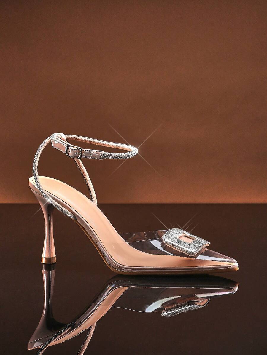 SHUZIA Women Comfortable Kitten Heel Pumps Rhinestone Ankle Strap With Rhinestone Buckle - Beige - View 1