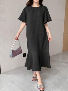 DAZY Plain Crew Neck Ruffle Hem Mid-Length Dress For Women - Black - View 5