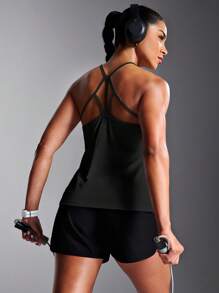 Powerista Top de entrenamiento de mujer con espalda cruzada de unicolor, para ejercicio diario - Negro - Ver 6