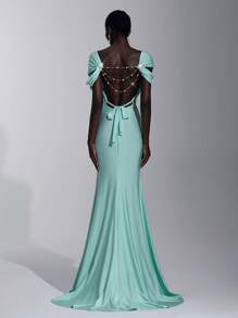 Elitara Elegant, Romantic, Luxurious, Dignified, Knitted Elastic Fabric, Strapless, Waisted, Hollow-Out, Pleated, Metal Chain, Trailing, Fish Tail Hem, Adjustable Back Strap, Suitable For Birthday Party, Date, Wedding, Formal Gala, Formal Evening Dress, Gown, For Wedding Guest