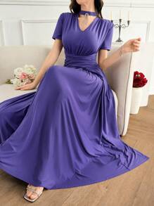 Modelyn Vestido envolvente y de cruce cruzado de manga corta con cuello en V de unicolor, elegante y con estilo para mujer - Azul - Ver 3