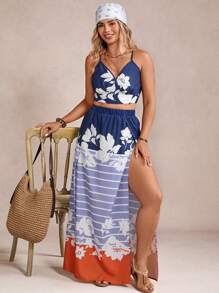 SHEIN VCAY Bộ 2 món áo in hoa đi nghỉ cỡ lớn và chân váy xẻ cao - Xanh và trắng - Xem 3