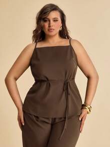 SHEIN X Scheana SHEIN BAE Plus Size Women Summer Brown Elegant 2 Pieces Set, Wrap Blazer Top & Wide Leg Pants, Office Wear, Concert, Party, Formal Suit, 4th Of July Outfits - Brown - View 3