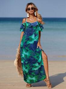 Breezaya Women Beach Allover Print High Slit Ruffle Trim Split Side Dress - Multicolor - View 3