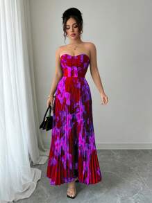 Elenzga Vestido plisado de impresión completa con cintura ajustada tipo bandeau - Morado - Ver 5