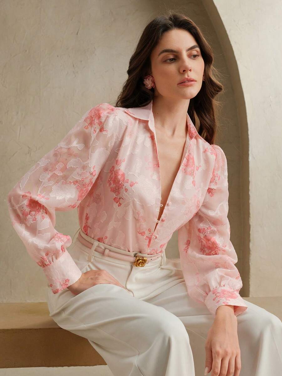 Anewsta Áo len cardigan cổ chữ V in hoa Jacquard lãng mạn cho kỳ nghỉ dành cho nữ - Hồng - Xem 1