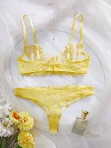 2pcs Pink Romantic Women Underwire Lingerie Bra & Panty Set - Yellow - View 2