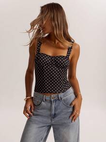 SHEIN BAE Women's Date Night Girlfriend Party Birthday Party Nightclub Holiday Party Elegant Black Polka Dot Top, Girlfriends Party, Date, Daily Street Commuting Corset, Cute Corset, Sexy Tops Club, Corset Tops