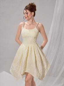 Modelyn French Pearl Strap Asymmetrical Waist Mini Dress, Romantic Style Birthday Party Cocktail Dress - Apricot - View 4