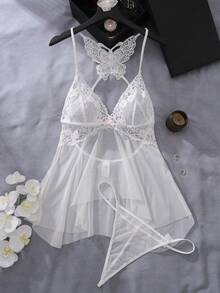 Vestido de lencería sexy con body de encaje y malla, con tanga a juego