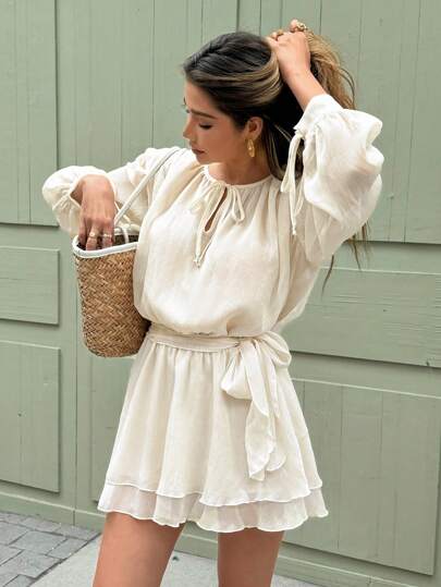 Serisse 女式纯色系带长袖优雅迷你连衣裙