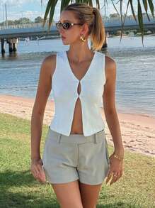 DAZY Vintage-Style Solid Color Women Knit Vest Sweater, Summer New Arrival - Beige - View 2