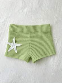 Elamini Pink Knitted Starfish Textured Shorts - Green - View 4