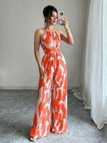 SHEIN Elenzya 女士印花面料束腰连体裤，优雅的假日和日常穿着 - 橘色 - 查看 3