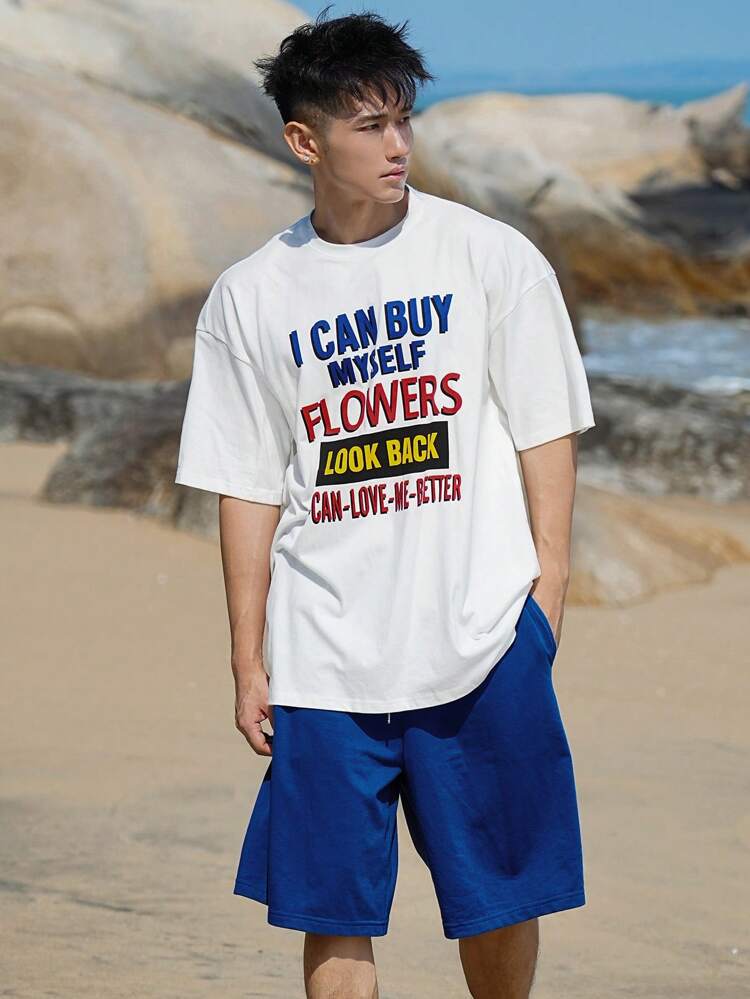 Summer Colorful Letter Print White T-Shirt & Blue Shorts 2-Piece Outfit, Beach Style Men Set