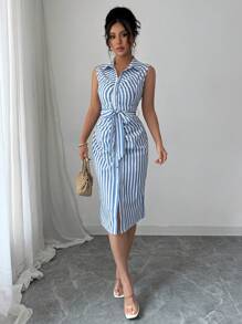 Elenzga Women's Plaid Single-Breasted Belted Sleeveless Midi Shirtdress - Blue - View 6