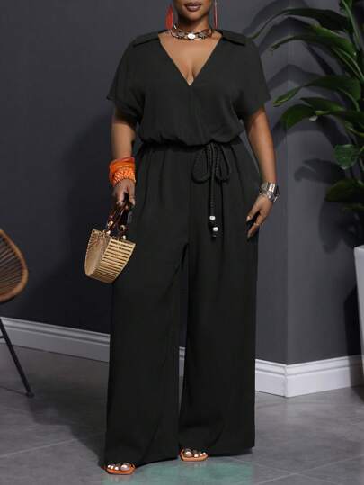 Slaydiva 大码女式纯绿色卷袖交叉领编织腰带裤连体裤，适合休闲度假，春夏季