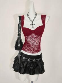 SHEIN ICON 女式蕾丝后背系带开衩性感时尚背心 - 酒紅色 - 查看 3