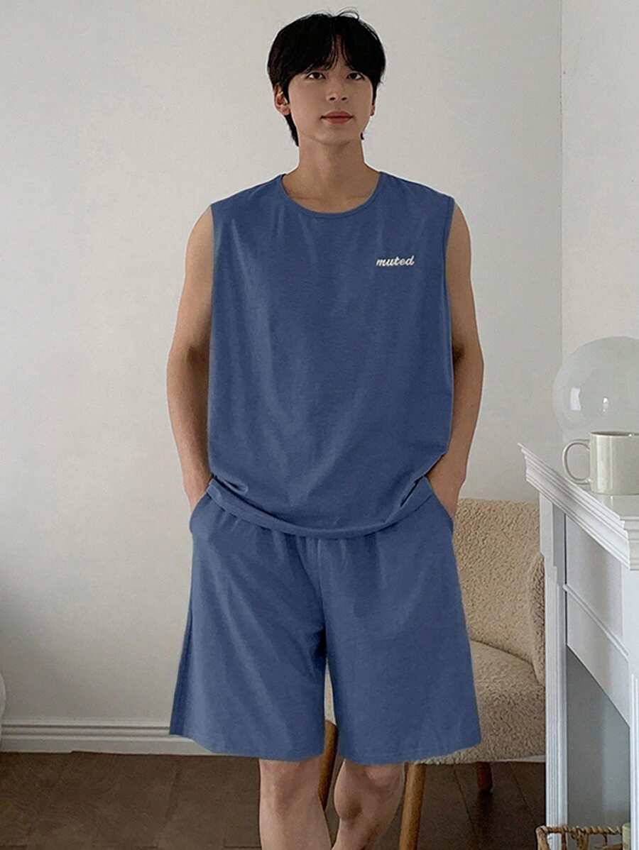 DAZY 男士夏季字母印花海军蓝背心和短裤睡衣套装 - 寶藍色 - 查看 1