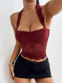 SHEIN EZwear Damen einfarbiges kurzes Trägertop mit Spitze und transparenten Elementen