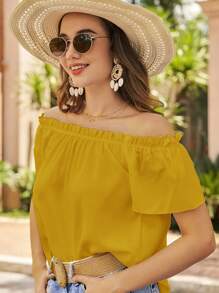 SHEIN VCAY Ladies' Solid Off Shoulder Shirt - Yellow - View 6