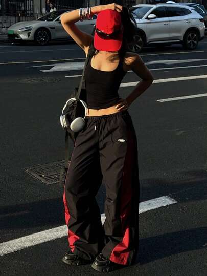 Coolane 女士春夏演唱会街头服饰外出撞色降落伞裤