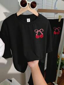 SHEIN 2pcs/Set Tween Girls Cute Bow & Cherry Print Casual Simple Short Sleeve Top And Pants Set, Suitable For Summer - Black - View 5