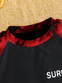 SHEIN 2pcs/Set Tween Boy Casual Vacation Letter & Palm Tree Printed Swimwear Set, Top & Bottoms, Swimsuit, Cost-Effective Beachwear, Swimming, Surfing