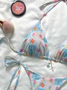 Swim Mod Áo bikini tam giác in hoa ngẫu nhiên và quần buộc dây bên hông, Bộ bikini gợi cảm cho kỳ nghỉ hè - Nhiều màu - Xem 3