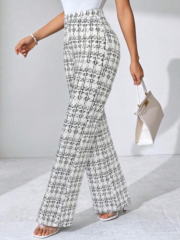 SHEIN Clasi Summer Elegant Women's Plaid Printed Elastic Knitted Pants, Suitable For Various Occasions, Suitable For Summer Vacation, Elegant Travel, And Daily Commuting Business Casual Woman