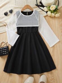 SHEIN 2 Bộ trang phục Xuân/Hè đồng màu dành cho các cô gái tuổi Tween - Áo crop top dài tay và váy không tay có đường viền cổ tròn - Đen và trắng - Xem 5