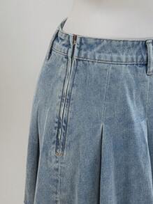 SHEIN MOD 女士纯色褶皱侧拉链休闲百搭牛仔裙、褶裙、女士夏季连衣裙、女士生日裙、女士商务休闲裙、乡村音乐会裙、女士音乐会裙、女士休闲裙、女士度假裙、茶会裙、女士邮轮裙 - 淺色水洗藍 - 查看 5