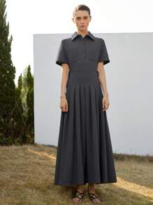 学院风短袖 Polo 领拼接褶皱长裙，女士休闲通勤返校装 - 黑色 - 查看 3