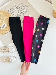 Set de 3 piezas de leggings casuales y cómodos con estampado floral para bebé niña, incluye pantalones negros y rosas - Multicolor - Ver 5