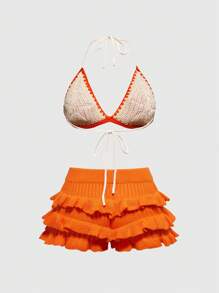 ROMWE Fairycore Y2K Style Crochet Women's Knitted Beach Resort Outfit Set - Orange - View 2