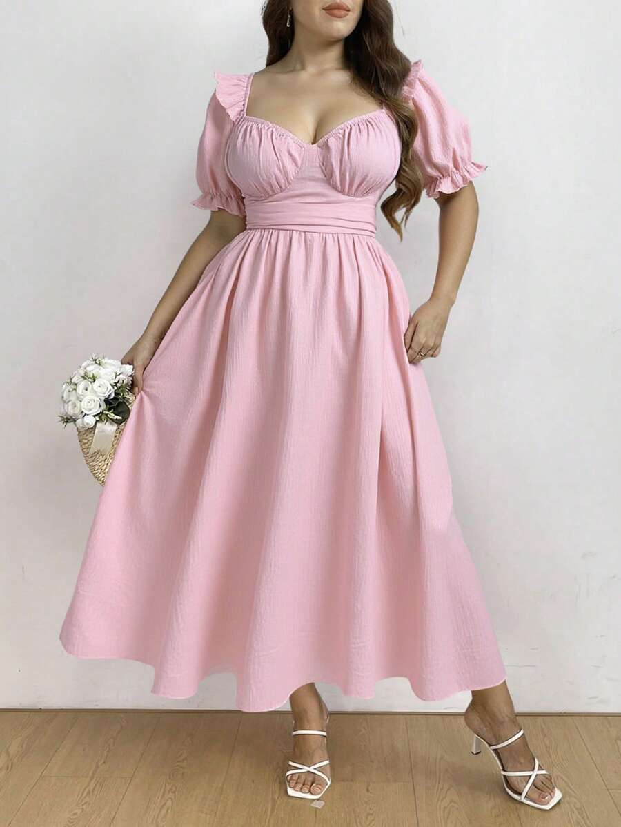 Flirla Abito dal colore tinta unita elegante e carino, di stile dolce, adatto alla moda estiva - Rosa - Visualizzare 1