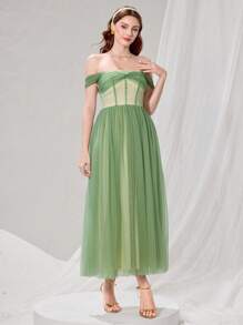 Poshira 露肩人字形接缝夏季网眼拼接高端宴会晚礼服，优雅社交名媛奢华礼服奢华女士晚礼服柔软礼服，派对礼服，舞会礼服