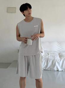 DAZY 男士夏季字母印花浅灰色背心和短裤睡衣套装