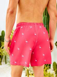 Manfinity Men's Flamingo Print Drawstring Waist Loose Beach Shorts, Hawaiian