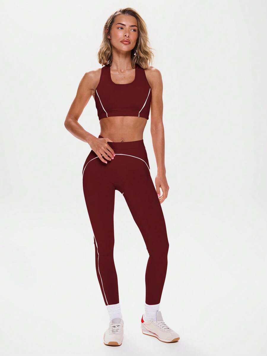 Musera Sport High Rise Contrast Piping Leggings Active Workout Gym Gym Fitness - Burgundy - View 1