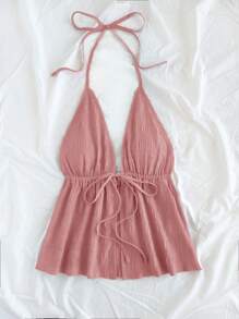 SHEIN PETITE CURVE Débardeur texturé casual à col V avec nœud, dos ouvert, couleur rouge