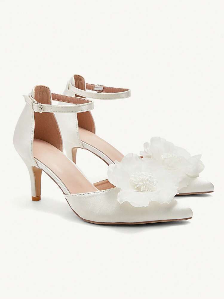 CUCCOO HITCHD Zapatos de tacón de aguja de satén blanco con estampado floral elegante para mujer, zapatos formales para vestido, tacones para boda y fiesta