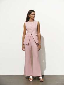 Chiquease Traje informal casual de un solo color sin mangas para uso diario en la ciudad - Rosa Pálido - Ver 3