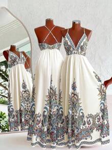 SHEIN LUNE Plus Size Deep V-Neck Print Adjustable Waist A-Line Dress, Suitable For Outing, Vacation, Dating And Party - Multicolor - View 1