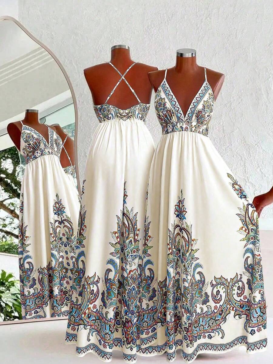 SHEIN LUNE Plus Size Deep V-Neck Print Adjustable Waist A-Line Dress, Suitable For Outing, Vacation, Dating And Party - Multicolor - View 1