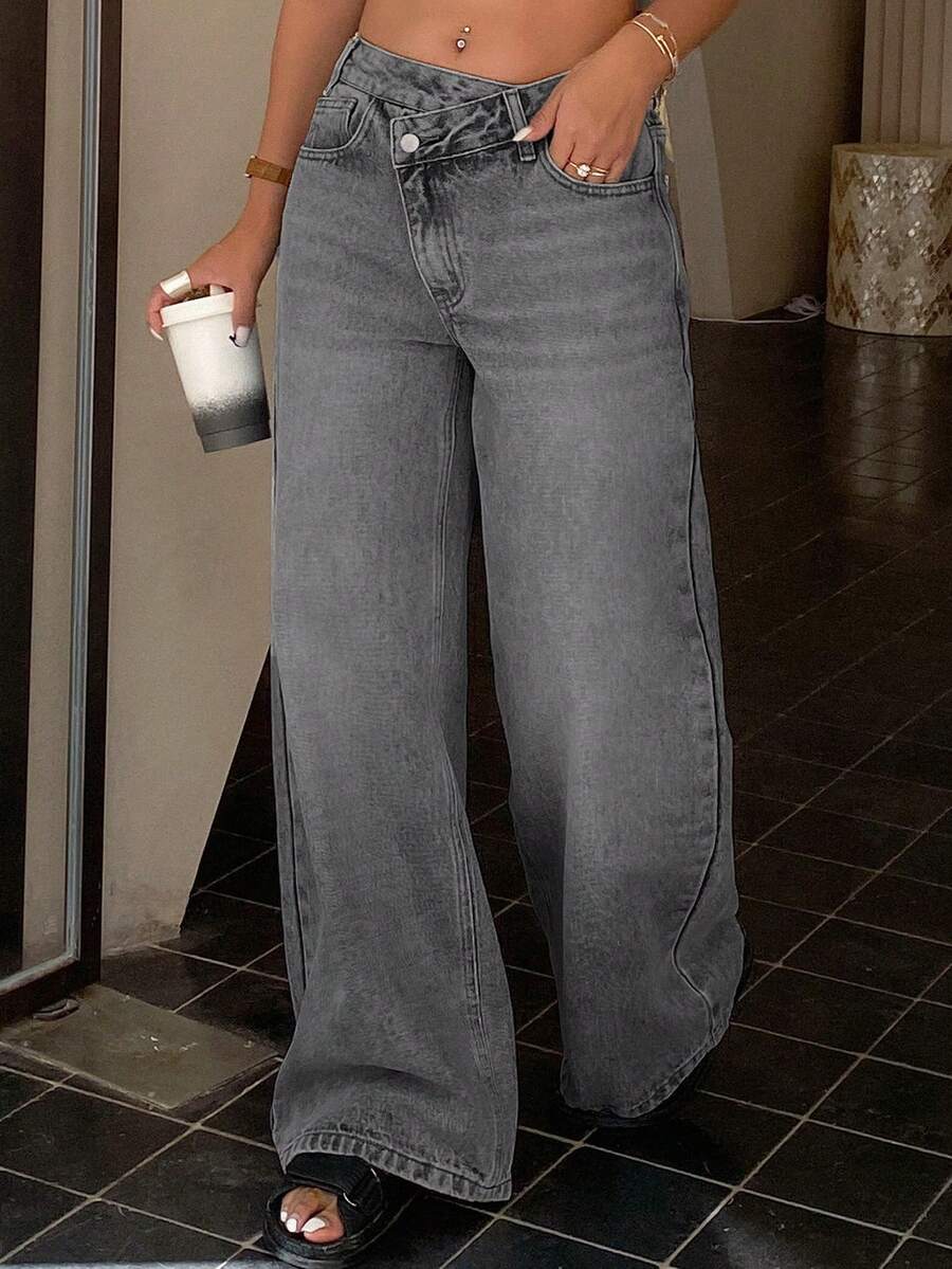 DAZY Jeans de cintura baja con diseño de línea recta para mujer, estilo Y2K - Gris - Ver 1