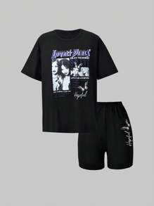 SHEIN 2pcs/Set Teen Girls Stylish Street Portrait & Letter Print Loose Round Neck Short Sleeve T-Shirt And Shorts Suit, Suitable For Casual Sports